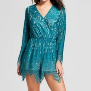 Xhilaration Lace TieBack Long Sleeve Romper - Teal